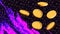 Golden coin on fluid blur neon light blue pink wave. Black grunge background. Abstract backdrop. Glitch Art trippy digital texture