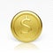 Golden coin front view. Realistic render of glossy metallic coin. Finance and money. Vector illustration