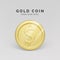 Golden coin front view. Realistic render of metallic coin. Finance and money. Vector