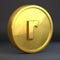 Golden coin with letter R lowercase isolated on black background.