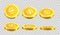 Golden coins dollar cent in different angle icons on vector transparent background