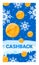 Golden coins with dollar signs falling amongst snowflakes, with text CASHBACK . Winter cashback concept with festive