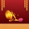 Golden Coins Falling From Treasure Pot With Lotus Flower, Lit Oil Lamp Diya And Copy Space For Hinduism Festival