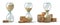 Golden coins and hourglass clock isolated on white. Return on investment, deposit, growth of income and savings, time is money