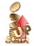 Golden coins in pile and red arrow up. Startup concept.