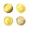 Golden Coins. Set of different gold coins. Glossy color money. Vector