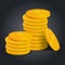 Golden coins stack on black background. Colorful glossy pile of money money realistic game asset. Vector stock illustration