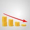Golden coins stack and red decreasing arrow down trend diagram  background