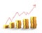 Golden coins stacks with arrow up trend chart, 3D illustration