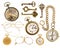 Golden collectible accessories. antique keys, clock, glasses, co