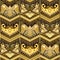 Golden colors ikat seamless background with stylized birds and chevrons.