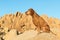 golden colour vizsla sitting aat jumbo rock in joshua tree national park