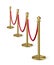 Golden column barrier with red rope. Gold luxury VIP design element for exhibition pavilion, auto show, theatre and