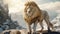 The Golden Compass: A Majestic Lion In Snowy Mountains