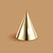 Golden cone 3D geometric shape, brown background. Glossy metal abstract form rendering. Decorative mathematical figure