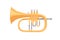 Golden cornet, brass wind music instrument. Classical realistic twisted trumpet. Colored flat cartoon vector