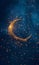 Golden crescent moon with stars and clouds on dark night sky background