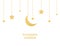 Golden crescent and stars hanging on white background. Ramadan Kareem arabic border. Eid Mubarak greeting card. Luxury gold design