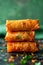 Golden Crispy Spring Rolls Stacked on Dark Slate with Vibrant Fresh Herbs and Spices Delightful Appetizers