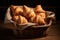 Golden croissants rest in a woven basket