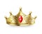Golden crown. 3D realistic gold queen sign, luxury head accessory, monarch majestic jewel diadem with ruby and pearl