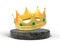 Golden crown for king, queen or monarch on black marble stone podium 3d render. Medieval royal corona with gems and