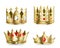 Golden crowns. 3D realistic royal heraldic decoration element, King and queen medieval luxury set. Vector isolated