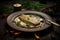 Golden-crusted fish served with light sauce and parsley on a dark wooden table