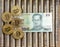 Golden Crypto coins bitcoin BTC, paper Thai baht. Metal coins are laid out in a flat background, close-up view from top, crypto cu