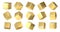 Golden cubes. Realistic 3D blocks of yellow metal from different isometric angles, golden square shapes design. Vector