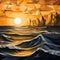 Golden Cubism Seascape: A Dynamic Mosaic Of Lowpoly Rocks And Rising Sun
