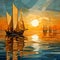 Golden Cubism Seascape: A Multifaceted Abstract Of Ships Sailing Into The Sunset
