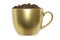 Golden cup with coffee beans. On transparent and white background