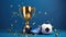Golden cup, soccer ball and confetti on blue, in the style of realistic sculptures, luxurious interiors, Generative AI