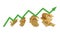 Golden currencies symbols and green growth line