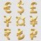 Golden currency sign set. Vector golden euro, dollar, pound, yen, yuan, rupee, lira and rouble signes isolated on