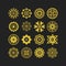 Golden cute isolated different style flower motifs icons set on black