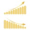 Golden cylinders bar graph with rising and decreasing arrows. Growth and reduction rate symbols. Column chart elements