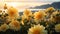 Golden Dahlia Flowers On Beach At Sunset: Lush Landscape With Vibrant Colors