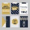 Golden and dark navy blue Happy Birthday cards set on trendy gray background