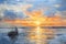 Golden Dawn: A Serene Sailboat on a Vast Ocean at Sunset