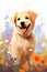Golden Days: A Playful Pup in a Field of Flowers - A Colorful Co