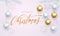 Golden decoration ball ornament Merry Christmas holiday greeting white snowflakes