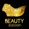 Golden decoration of a beauty salon, the girl outline silhouette waving her hair, bright illustration. Vector