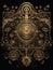 Golden decoration with ornate steampunk ornament on black background,