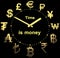 Golden dial with golden currency signs of different countries and a text - Time is money