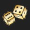Golden dices icon. Two gold game dice, casino symbol minimal vector design