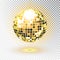 Golden disco ball. Vector illustration. Isolated. Night Club party light element. Bright mirror silver ball design for disco dance