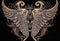 Golden divine wings with stylized ornament on black background, stylizad ornate element. Generative AI