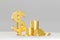 Golden dollar currency sign. dollar stacked golden coins. grey background. Rise in profits, budget fees. Investments. Raise